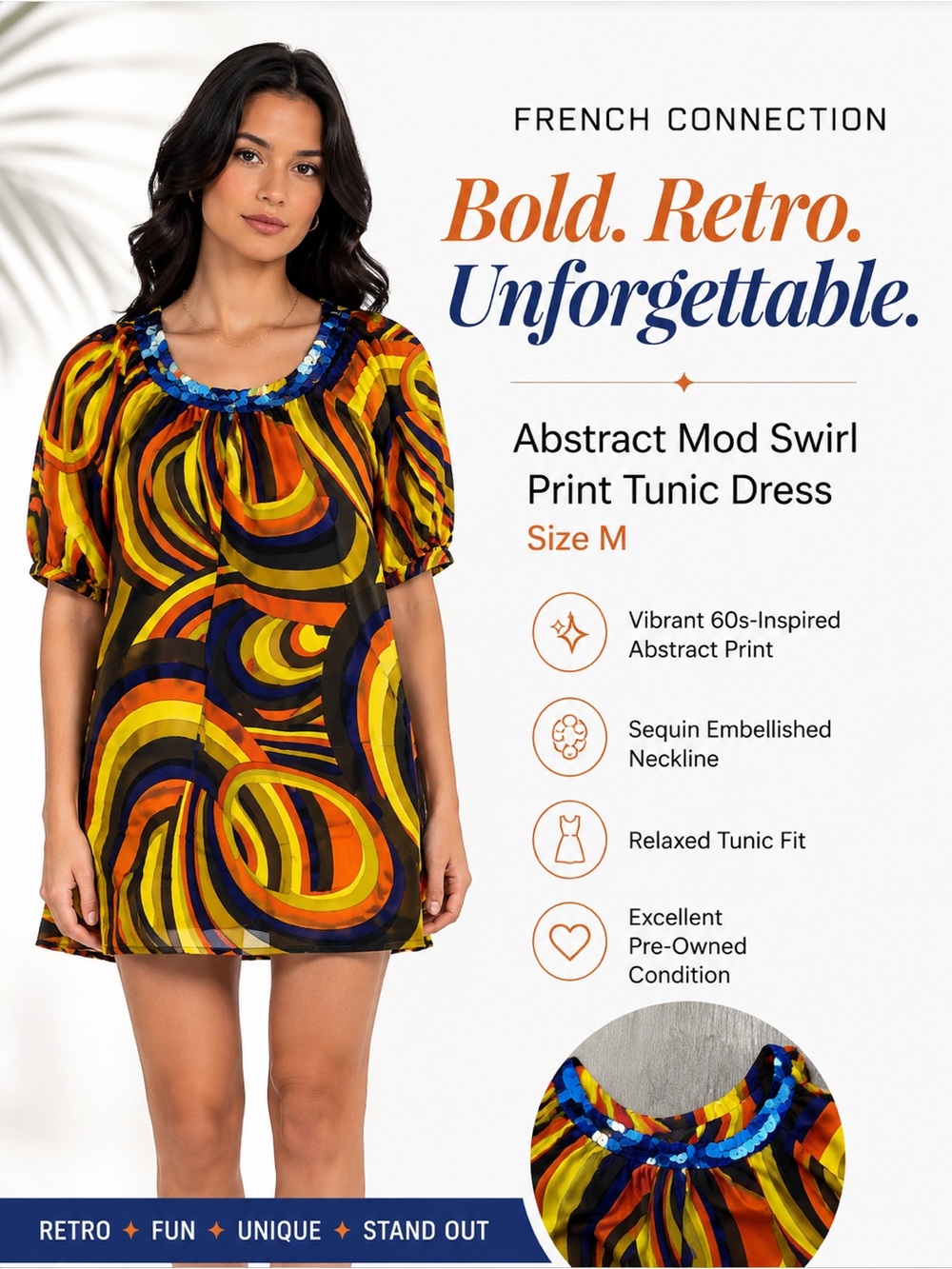 French Connection Abstract Mod Swirl Print Tunic Dress Sequin Neck Size M